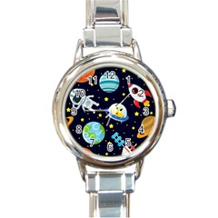 Space Seamless Pattern Round Italian Charm Watch by Vaneshart