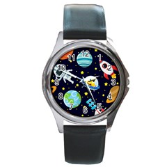 Space Seamless Pattern Round Metal Watch by Vaneshart