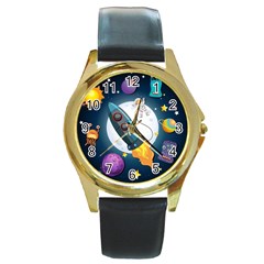 Spaceship Astronaut Space Round Gold Metal Watch by Vaneshart