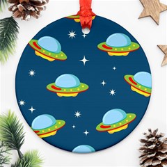 Seamless Pattern Ufo With Star Space Galaxy Background Ornament (round) by Vaneshart