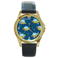 Seamless Pattern Ufo With Star Space Galaxy Background Round Gold Metal Watch