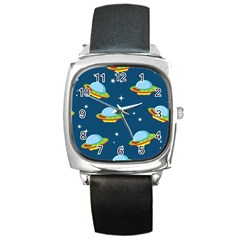 Seamless Pattern Ufo With Star Space Galaxy Background Square Metal Watch