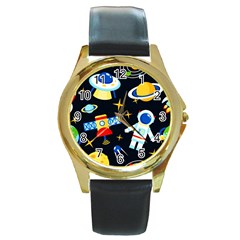 Space Seamless Pattern Round Gold Metal Watch by Vaneshart