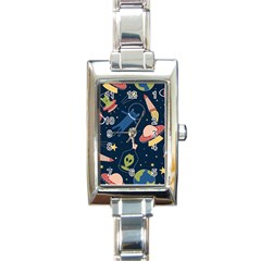 Seamless Pattern With Funny Aliens Cat Galaxy Rectangle Italian Charm Watch by Vaneshart