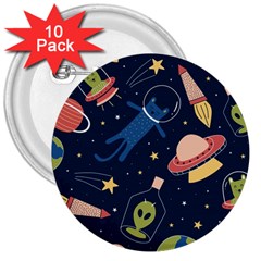 Seamless Pattern With Funny Aliens Cat Galaxy 3  Buttons (10 Pack)  by Vaneshart