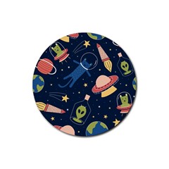 Seamless Pattern With Funny Aliens Cat Galaxy Rubber Coaster (round)  by Vaneshart