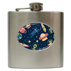 Seamless Pattern With Funny Aliens Cat Galaxy Hip Flask (6 Oz) by Vaneshart