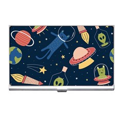 Seamless Pattern With Funny Aliens Cat Galaxy Business Card Holder by Vaneshart