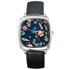 Seamless Pattern With Funny Aliens Cat Galaxy Square Metal Watch by Vaneshart