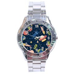 Seamless Pattern With Funny Aliens Cat Galaxy Stainless Steel Analogue Watch by Vaneshart