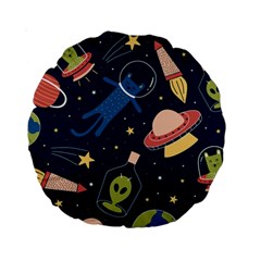 Seamless Pattern With Funny Aliens Cat Galaxy Standard 15  Premium Round Cushions by Vaneshart