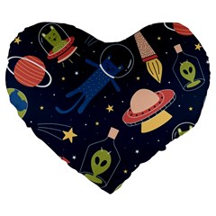 Seamless Pattern With Funny Aliens Cat Galaxy Large 19  Premium Heart Shape Cushions by Vaneshart