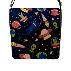 Seamless Pattern With Funny Aliens Cat Galaxy Flap Closure Messenger Bag (l) by Vaneshart