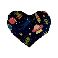 Seamless Pattern With Funny Aliens Cat Galaxy Standard 16  Premium Flano Heart Shape Cushions by Vaneshart