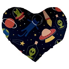 Seamless Pattern With Funny Aliens Cat Galaxy Large 19  Premium Flano Heart Shape Cushions by Vaneshart