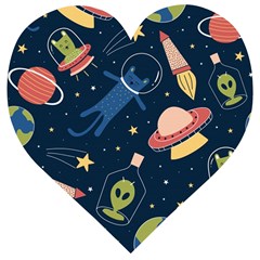 Seamless Pattern With Funny Aliens Cat Galaxy Wooden Puzzle Heart by Vaneshart