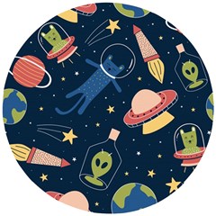 Seamless Pattern With Funny Aliens Cat Galaxy Wooden Puzzle Round by Vaneshart