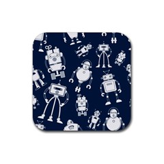 White Robot Blue Seamless Pattern Rubber Coaster (square)  by Vaneshart