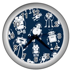 White Robot Blue Seamless Pattern Wall Clock (silver) by Vaneshart