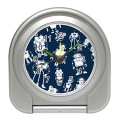 White Robot Blue Seamless Pattern Travel Alarm Clock by Vaneshart