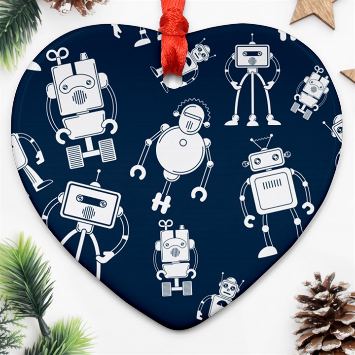 White Robot Blue Seamless Pattern Heart Ornament (Two Sides)