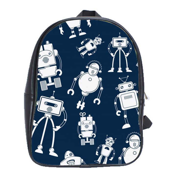 White Robot Blue Seamless Pattern School Bag (Large)