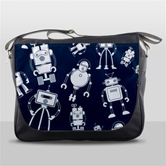 White Robot Blue Seamless Pattern Messenger Bag by Vaneshart