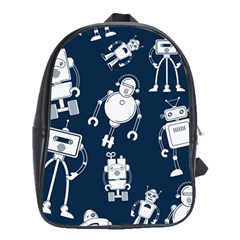 White Robot Blue Seamless Pattern School Bag (xl) by Vaneshart