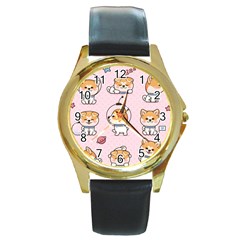 Set Kawaii Smile Japanese Dog Cartoon Round Gold Metal Watch by Vaneshart