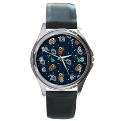 Monster Alien Pattern Seamless Background Round Metal Watch by Vaneshart