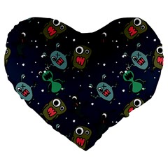 Monster Alien Pattern Seamless Background Large 19  Premium Flano Heart Shape Cushions by Vaneshart