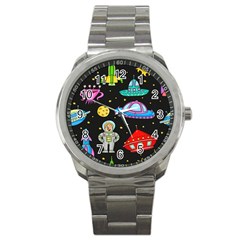 Seamless Pattern With Space Objects Ufo Rockets Aliens Hand Drawn Elements Space Sport Metal Watch by Vaneshart