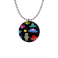 Seamless Pattern With Space Objects Ufo Rockets Aliens Hand Drawn Elements Space 1  Button Necklace by Vaneshart