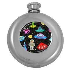 Seamless Pattern With Space Objects Ufo Rockets Aliens Hand Drawn Elements Space Round Hip Flask (5 Oz) by Vaneshart