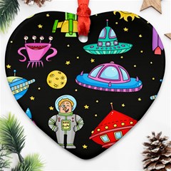 Seamless Pattern With Space Objects Ufo Rockets Aliens Hand Drawn Elements Space Heart Ornament (two Sides) by Vaneshart