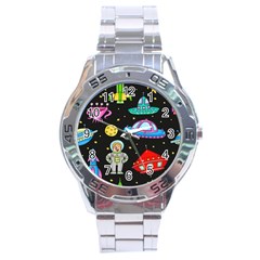 Seamless Pattern With Space Objects Ufo Rockets Aliens Hand Drawn Elements Space Stainless Steel Analogue Watch by Vaneshart