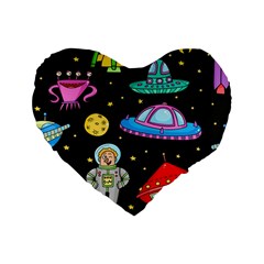 Seamless Pattern With Space Objects Ufo Rockets Aliens Hand Drawn Elements Space Standard 16  Premium Heart Shape Cushions by Vaneshart