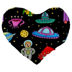 Seamless Pattern With Space Objects Ufo Rockets Aliens Hand Drawn Elements Space Large 19  Premium Heart Shape Cushions by Vaneshart