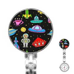 Seamless Pattern With Space Objects Ufo Rockets Aliens Hand Drawn Elements Space Stainless Steel Nurses Watch by Vaneshart