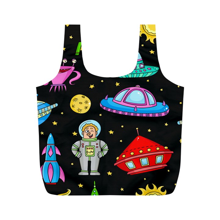 Seamless Pattern With Space Objects Ufo Rockets Aliens Hand Drawn Elements Space Full Print Recycle Bag (M)