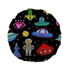 Seamless Pattern With Space Objects Ufo Rockets Aliens Hand Drawn Elements Space Standard 15  Premium Flano Round Cushions by Vaneshart