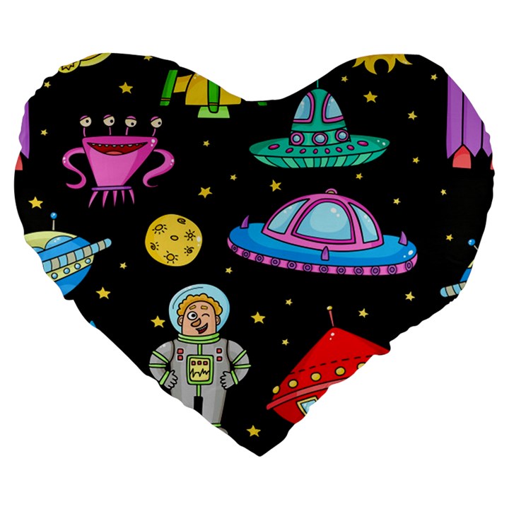 Seamless Pattern With Space Objects Ufo Rockets Aliens Hand Drawn Elements Space Large 19  Premium Flano Heart Shape Cushions