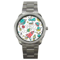 Space Cosmos Seamless Pattern Seamless Pattern Doodle Style Sport Metal Watch by Vaneshart