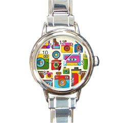 Retro Cameras Audio Cassettes Hand Drawn Pop Art Style Seamless Pattern Round Italian Charm Watch by Vaneshart