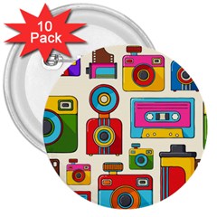 Retro Cameras Audio Cassettes Hand Drawn Pop Art Style Seamless Pattern 3  Buttons (10 Pack)  by Vaneshart