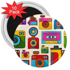 Retro Cameras Audio Cassettes Hand Drawn Pop Art Style Seamless Pattern 3  Magnets (10 Pack)  by Vaneshart