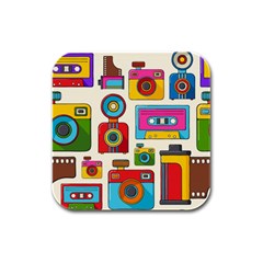 Retro Cameras Audio Cassettes Hand Drawn Pop Art Style Seamless Pattern Rubber Square Coaster (4 Pack)  by Vaneshart