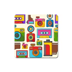 Retro Cameras Audio Cassettes Hand Drawn Pop Art Style Seamless Pattern Square Magnet by Vaneshart