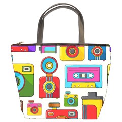 Retro Cameras Audio Cassettes Hand Drawn Pop Art Style Seamless Pattern Bucket Bag by Vaneshart