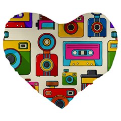 Retro Cameras Audio Cassettes Hand Drawn Pop Art Style Seamless Pattern Large 19  Premium Heart Shape Cushions by Vaneshart